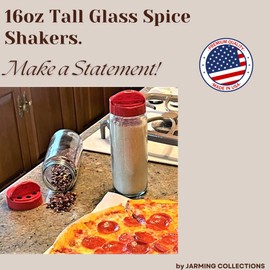 JARMING COLLECTIONS Premium Glass Spice Shakers - 16 oz Versatile Seasoning and Spice Dispenser with Sifting Lids for Popcorn, Cheese, Cinnamon, and Salt, Made in USA