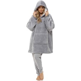 Women's Wearable Blanket Hoodie Oversized Hooded Blanket – Sherpa & Fleece Blanket for Men & Women, Comfy Cosy Fluffy Loungewear Girls Hoodies with Pockets (GREY)
