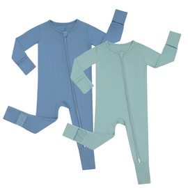 JunNeng 2PCS Baby Rayon of Bamboo Romper Sleeper with Mitten Cuffs Feet,Infant Boy Soft Zippy Pjs Sleep 'N Play Blue+Turquoise(No Non-Slip Soles) 0-3 Months