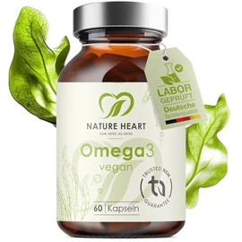 Nature Heart Omega 3 Capsules - Pack of 60 Vegan Algae Oil - DHA & EPA in 2:1 Ratio - High Dose, 100% Vegan & Fish Free - for Heart, Brain & Vision - Low in Harmful Substances, No Unnecessary Additives
