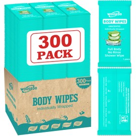 300 Pack Individually Wrapped Body Wipes (8" x 9.5"),No-Rinse Shower Wipe for Adults,Travel,Gym & Camping,Bulk Cleansing Wipes for Homeless