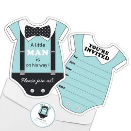REWIDPARTY Little Man Themed Baby Shower Invitations with Envelopes & Stickers（Set of 15） Bow Tie & Suspenders Shaped Fill-in Invitations Boys Baby Shower or Birthday Invites Cards Party Supplies