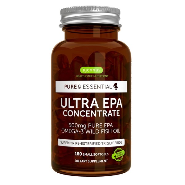 Pure & Essential Ultra Pure EPA, Non-GMO Omega-3 Concentrate 500 mg, Wild Fish Oil, rTG, 180 Small softgels