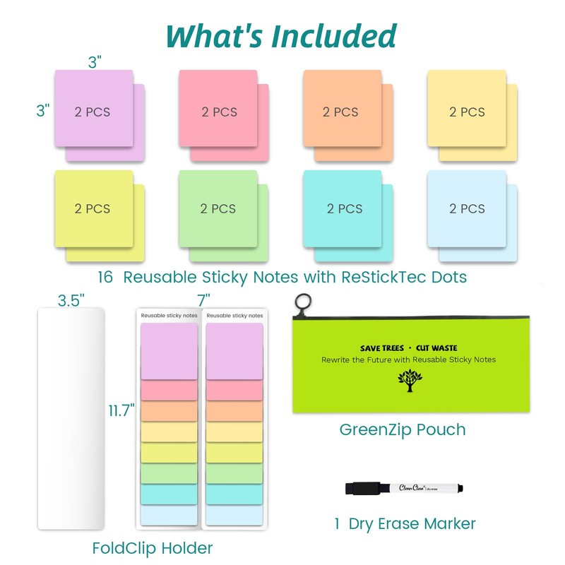 Dry Erase Sticky Notes - 16 Pcs, 8 Vibrant Colors,
