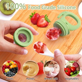 Tohecu Silicone Baby Food Teether Feeder with Breastmilk Popsicle Molds Combo, BPA Free Baby Fruit Food Feeder Pacifier, Teething Popsicle for Baby 4m+, 3 Sizes Food Pouches Included(Foam Green)