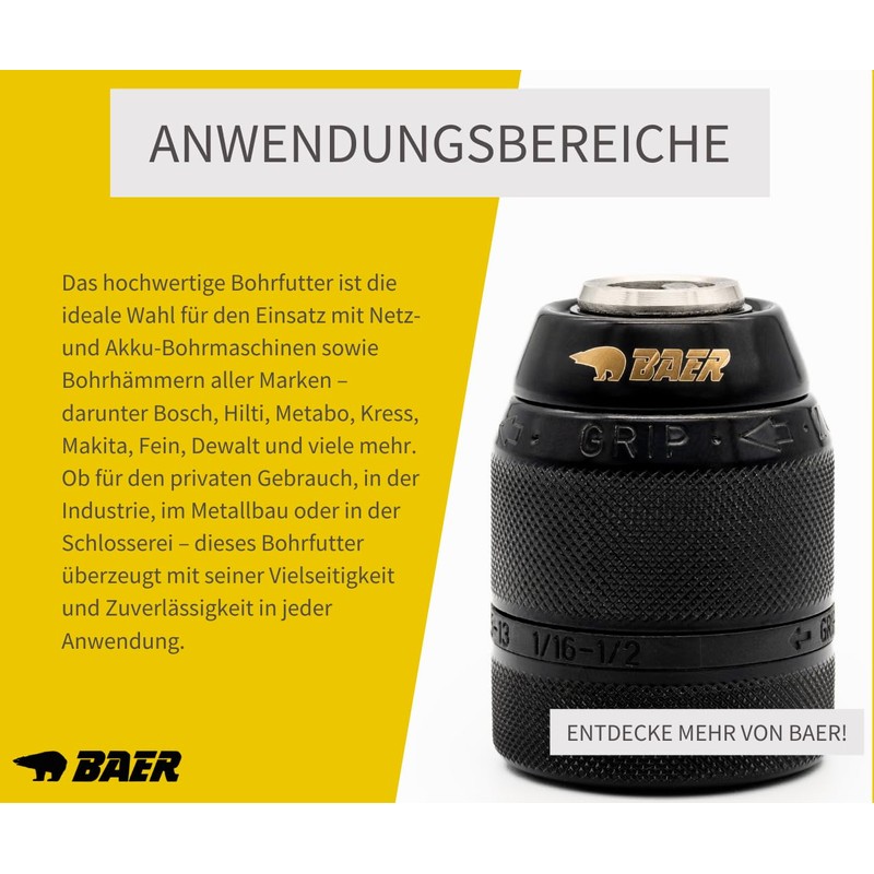 BaerCoil BAER Multi Keyless Chuck 1.5-13.0mm 1/2-20UNF Drill Chuck Drill