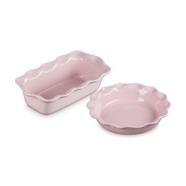 Le Creuset Stoneware Set of 2 9" Heritage Fluted Pie and 9" Fluted Loaf Dish, Chiffon Pink