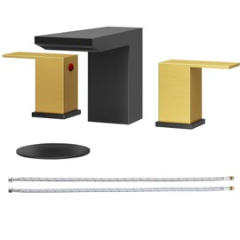 BESy Bathroom Faucet 3 Holes Two Handles Vanity Widespread 8 Inch Bathroom Sink Faucet, Waterfall Bathroom Sink Faucet with cUPC Supply Hoses, Pop Up Drain, Stainless Steel, Matte Black with Gold