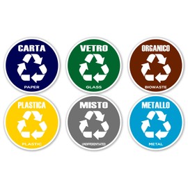 GamesMonkey - Recycling Stickers for Recycling Garbage V4 – Washable Waterproof Illustrated – Italian English – Compliant with UNI 11686 Regulation (8.5 x 8.5, 12 Pieces)