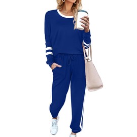 Aloodor Women's Long Sleeve Sweatsuits Loose Lounge Set Stripe Joggers Set Blue M