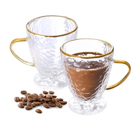 Sister.ly Drinkware, Hammered Double Wall Glass Coffee Cups with Gold Rim and Gold Handle, Insulated Glass Coffee Mugs, Set of 2, 12 ounces. Perfect for Espresso, Latte, Tea, Irish Coffee