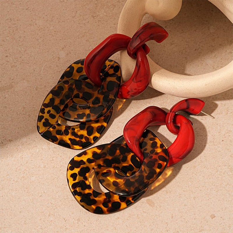 Kercisbeauty Red Leopard Print Acrylic Resin Chunky Earrings Big Statement
