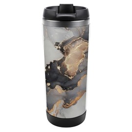 Luxury Abstract Fluid Marble Marbling Art Painting Black Grey Gold Stainless Steel Water Bottle, Double Walled with Handle Cup Bottle 13 Oz, Leak-Proof Hot Cold Insulated Travel Mug