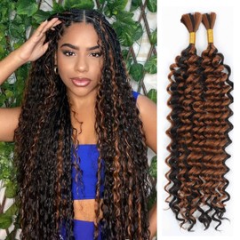 Human Braiding Hair Mix Synthetic Boho Hair for Braiding, 20 Inch Deep Wave Bulk for Boho Braids 2 Pcs Curly Bohemian Wet and Wavy Braiding Hair (P4/30#, 20 Inch)