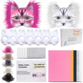 J6&H6 30 Pcs DIY Therian Mask Kit with exclusive Blank Cat Mask,Fabric Sheet, Faux Fur and Eye Mesh Suitable for Carnival Masquerade Cosplay Party（6Pack Pink）