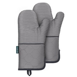 Beneno Oven Mitts, Heat Resistant Kitchen Oven Mitts with Non-Slip Silicone Stripes, Long 14.3" Cuff with Wide Opening Design, Quilted Cotton Terry Lining Comfortable & Flexible to Use, 2Pcs Gray