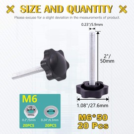 Mardatt 20 Sets M6x50mm Star Knobs Male Thread Clamping Knob Screw Hand Tightening Knob Quick Removal Replacement Parts with 304 Stainless Steel Hex Nuts and Flat Washers