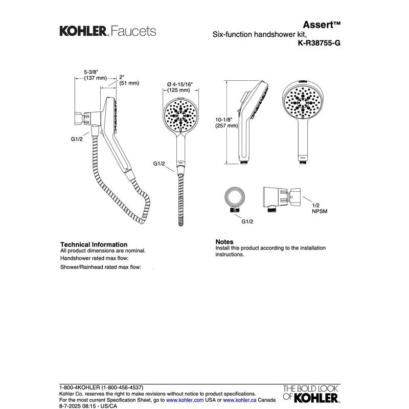 Kohler Assert Handshower Multifunction 6 Spray Modes Pause Magnetic Dock