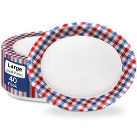 40pcs Gingham Oval Paper Plates 10" X 12" Large Patriotic Paper Plates Heavy Duty Red Blue White Disposable Dinnerware Set for Picnic 4th of July Independence Day Decorations Veterans Day Election Day