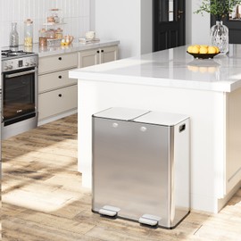 Takywep Large Dual Trash Can 2 x 8 Gallons- 60 Liters Stainless Steel Kitchen Double Trash Can,2 Compartment Trash Can Combo Garbage Bin with Separated Lid and Foot Pedal for Kitchen