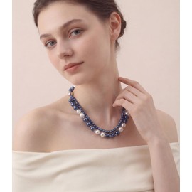 Pearl Beaded Necklaces for Women Double Strand Faux Pearls Bead Choker - Ball Clasp Layered Statement Wedding Jewelry Gifts(Blue)