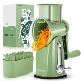SUSTEAS Rotary Vegetable Slicer with Handle Kitchen Gadget - 5 Replacement Blades, BPA Free Stainless Steel, Dishwasher Safe Utensils Yellow Cooking - Color: Retro Green