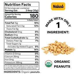 Spread The Love NAKED Organic Peanut Butter, 16 Ounce (Organic, All Natural, Vegan, Gluten-free, Creamy, Dry-Roasted, No added salt, No added sugar, No palm oil) (1-Pack)