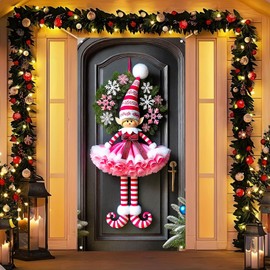 BlissYard Pink Elf Girl Door Cover 71x35 Inch Christmas Banner for Front Door Outdoor Indoor Decoration Holiday Background with Striped Hat Skirt Snowflake Curls Shoes Red Bow Decoration