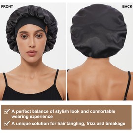 Hat Hut Satin Bonnet Silk Bonnet Sleep Cap for Women Hair Bonnet for Curly Hair Sleeping Adjustable Wide Band Double Layer (A01-Black)
