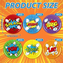 Whaline Super Theme Hero Paper Plate Colorful Hero Disposable Dinner Plate 6 Designs Funny Dinnerware Plate 9 Inch For Birthday Party Supplies Table Decor, 24Pcs