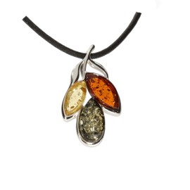 Artisana Jewellery Amber Pendant with Leather Cord in Multicoloured and Rhodium-Plated 925/000 Sterling Silver, Leather Baltic Amber Rhodium-plated 925/000 sterling silver Leather, Amber