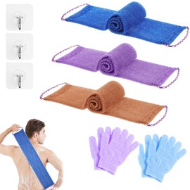 Mssor 3 Pack African Net Sponge with 2 Pairs Exfoliating Gloves - 31.5" Body Scrubber for Shower Bath Sponge with Rope Handles, Multifunctional Bath Sponge for Shower, Durable Back and Body Scrubber