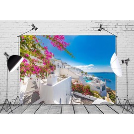 CORFOTO 5x3ft Fabric Blue Sea Santorini Island Backdrop Greece White Architecture Oia Luxury Resort Photography Background for Mamma Mia Party Decorations Greek Birthday Party Decor Kids Photo Props