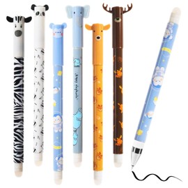 6 Packs of Erasable Pens Black, 0.5mmTip Rub out Pens with Thermosensitive Erase Ink, Cute Animal Designs for Student Stationery Office Supplies, Elk, Panda, Zebra, Elephant, Monkey, Sika Deer