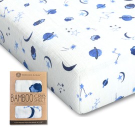 Margaux & May Premium Crib Sheet, 70% Viscose from Bamboo 30% Cotton, Blue Space Design, Fitted, Breathable Crib Sheets, Toddler Bedding, 52 x 28, Deep Pocket, Ultra Soft