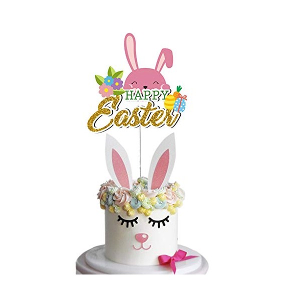 2 Set Easter Bunny Ears Cake Topper Decorations with Eyelashes Nose Happy Easter Cupcake Topper for Easter Christmas Birthday Party Decor Supplies
