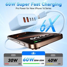 USB C Fast Charger Block, 60W 5-Port USB C Wall Charging Blocks, Type C Chargers Fast Charging Brick, 3USB C+2USB A PD&QC3.0 Multiport Charger Plug for Phone 16/15/14/13 Pro Max, White+Blue
