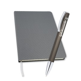 Online Writing Set I Elegant Ballpoint Pen with Engraving Vision Stone Ink Colour Black and Bullet Journal Notebook Black DIN A5 Antibacterial Surface 80 g/m² FSC Paper and Bookmark
