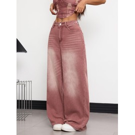 OYICAI Womens Baggy Jeans Wide Leg Denim Pants Y2k 90s Vintage Hip Hop Loose Long Trousers Streetwear High Waist Retro Casual 2000s Oversized Extreme Motion Jinco Skater,M15 Red,Medium