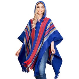 INTI ALPACA Hooded Poncho for Women in Royal Blue and Red Alpaca - Modern Long Cloak Cape - Cape Shawls Blanket