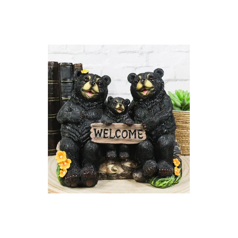 Papa Mama Black Bears and Cub Sitting On Log with