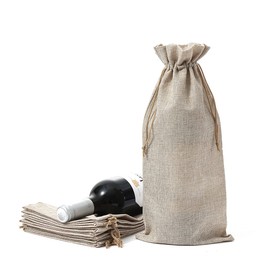 YoungJewl 10Pcs Burlap Wine Bags With Drawstring Brown Pouches Jute Wine Bottle Bags For Wedding Party, Birthday, Christmas, Home Storage(6.29 x14.17Inches)