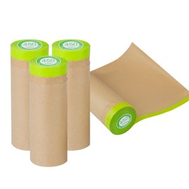 Pre-Taped Masking Paper for Painting - 18 inch x 50 feet Tape and Drape Painters Paper, Paint Adhesive Protective Paper Roll for Covering Skirting, Frames, Cars and Auto Body (4 Rolls)