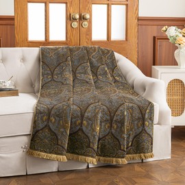 Loom and Mill Vintage Jacquard Throw Blankets for Bed, Classic Antique Damask Throws with Fringes Trim, Soft Lightweight Velvet Lined Throw Blanket for Sofa Couch Chair All Season(Bronze Gold,52”x72”)