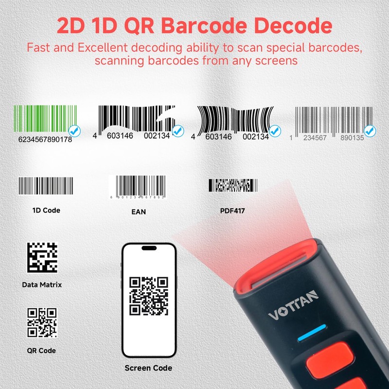VOTTAN Bluetooth QR Barcode Scanner with Charge Stand, 1D 2D