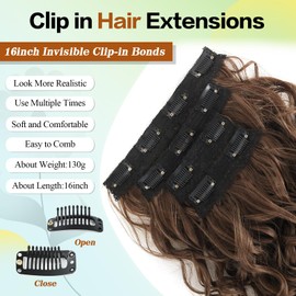 Clip in Hair Extensions,LEOSA 4PCS 16 inch Curly Hair Extensions Short Soft Natural Hairpiece Lace Weft Curly Wave Clip Ins Extensions Invisible for Women,Dark Almond brown