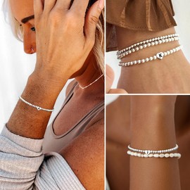 DORANA Sterling Silver Initial Bracelet for Women Teenage Girls Gifts Silver Charm Bead Bracelet for Womens Girls Initial Heart Bracelets Friend Daughter Birthday Gifts Jewellery,D