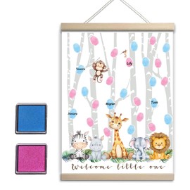QZCYU Gender Reveal Decorations Fingerprint Tree with Woodland Safari Animals, Gender Reveal Games Canvas Hanging Paintings Decor, Baby Shower Ideas
