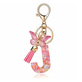 LUTAKU Keyring Girl Keyring with Initial Letters Pink Key Ring Butterfly Key Ring Letter, Pink-j