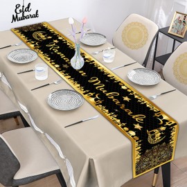 Ramadan Mubarak Table Runner, Ramadan Decorations for Home Table Black Gold Table Runner Ramadan Mubarak Table Decorations Mubarak Table Cover Decorations for Dining Islamic Party Supplies, 180 x 35cm